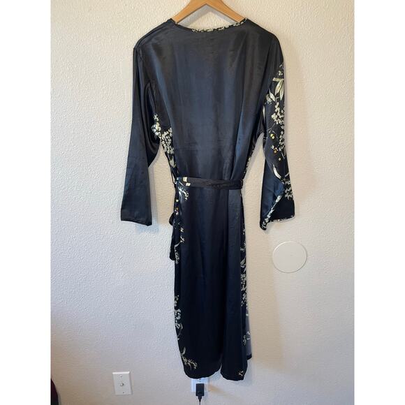 Whimsy Goth Boho Black Silky Floral Long Sleeve Bath Robe & Slip Mini Dress Sm - Picture 2 of 16